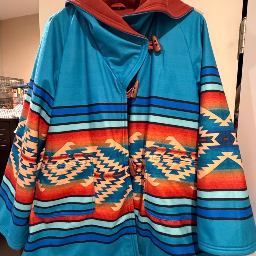 Hooded Poncho Jacket Aztec Pattern